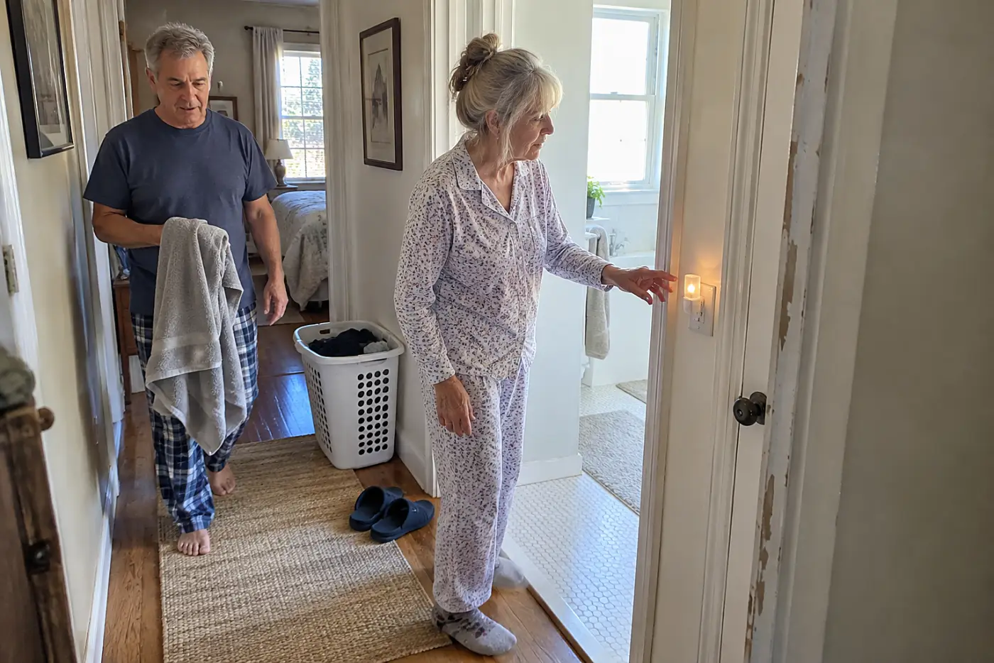 Older woman switching on a hallway night-light beside the bathroom door.