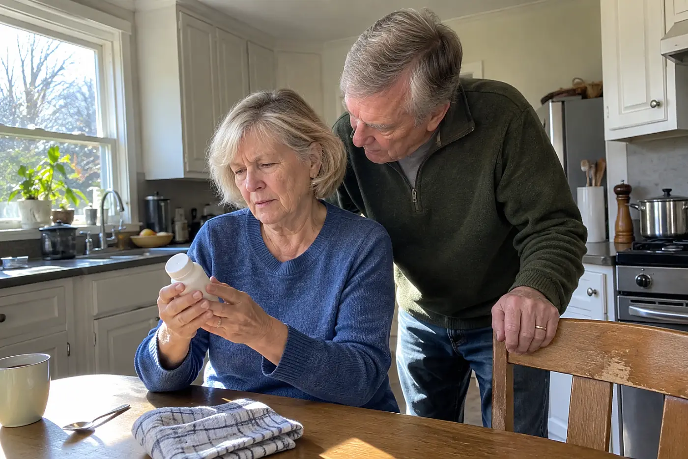 Older woman checking the label on a prescription bottle at her kitchen table.