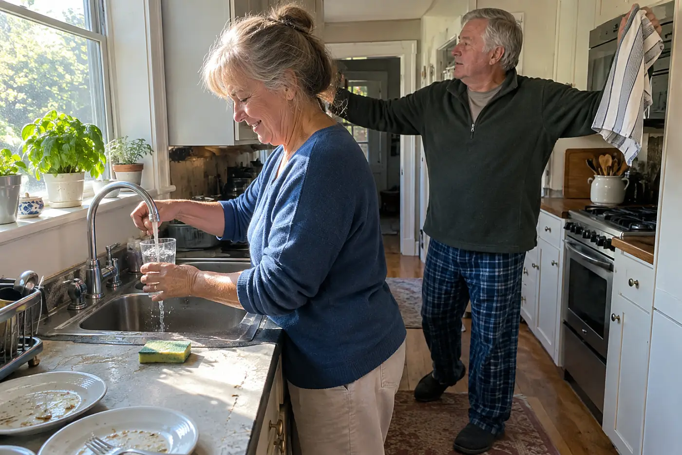 Older woman filling a glass of water at her kitchen sink before bed.