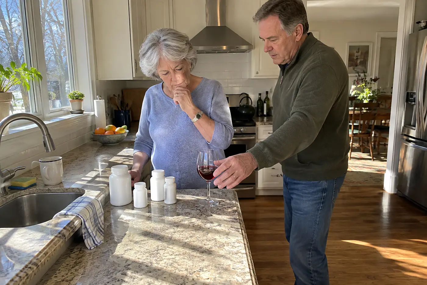 Older woman looking at a wineglass and prescription bottles on her kitchen counter.