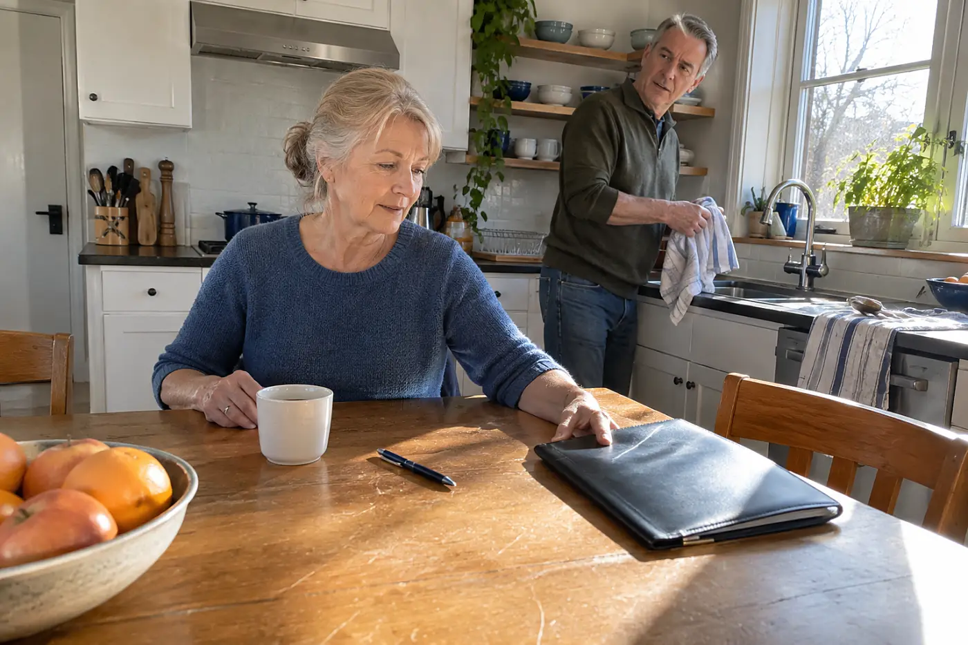 Older woman writing the time beside an empty coffee cup at her kitchen table.