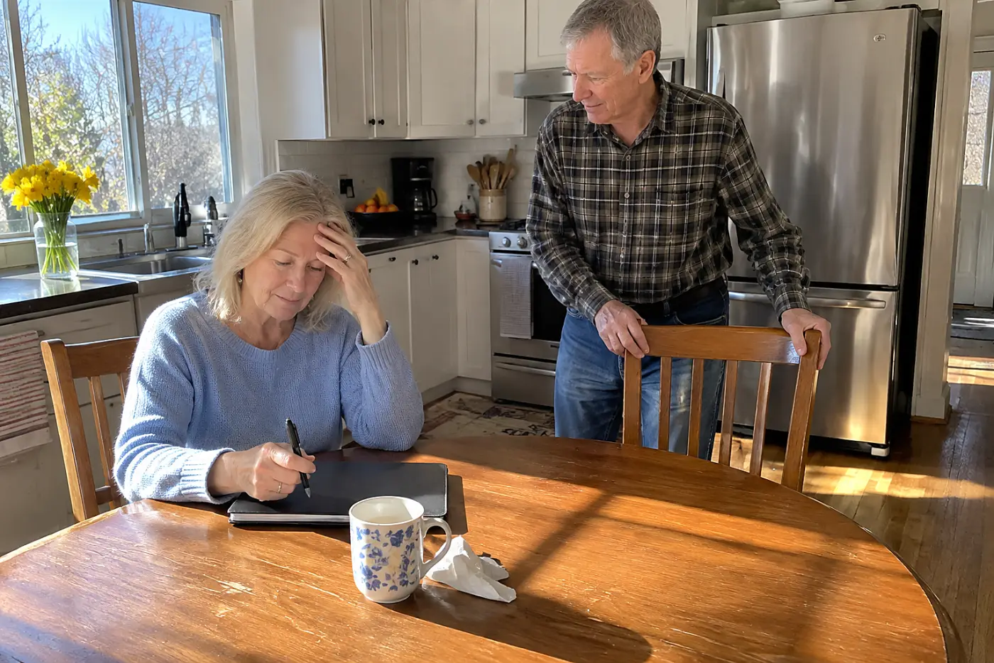 Older woman writing a note about a morning headache at her kitchen table.