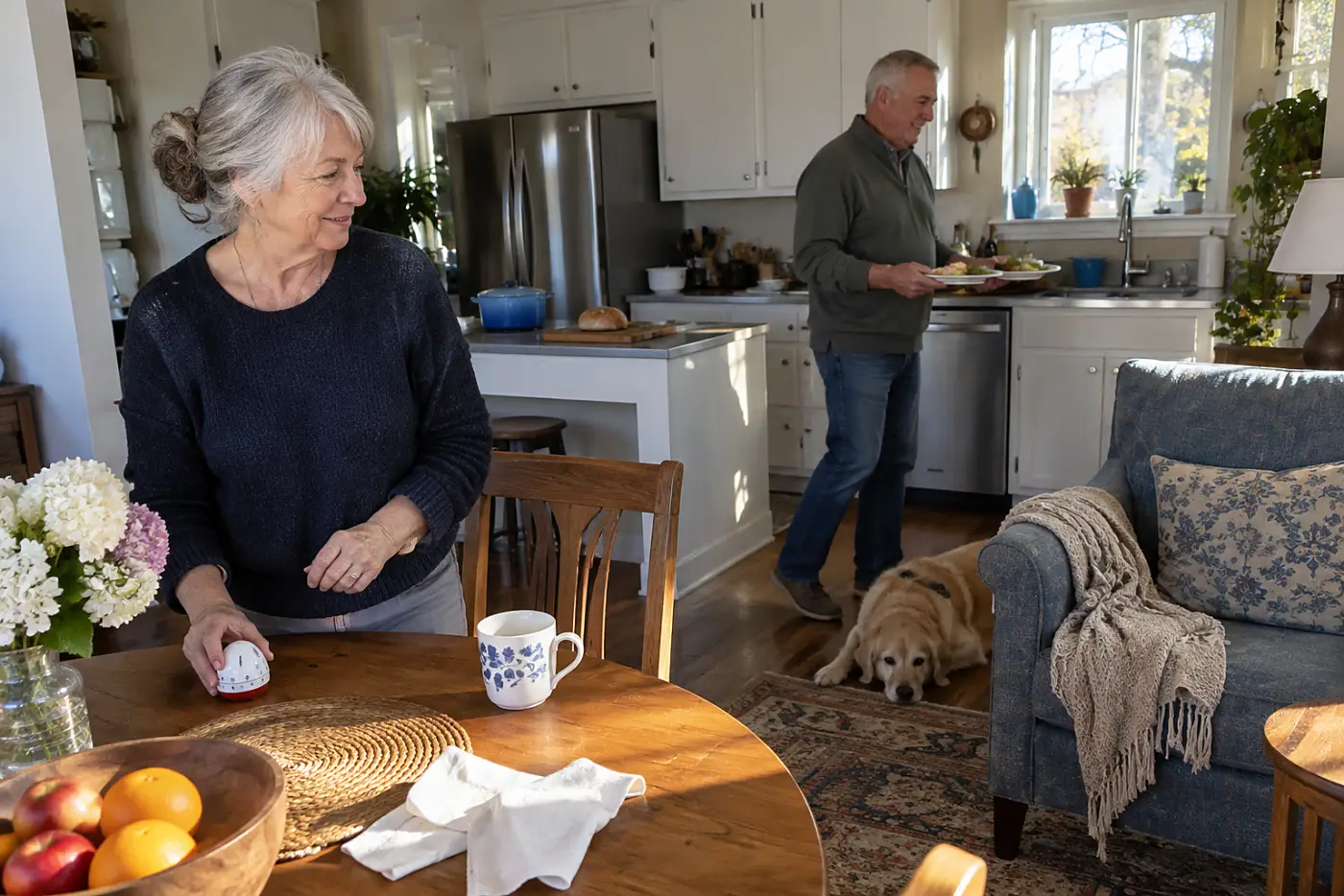 Older woman setting a kitchen timer before resting in an armchair after lunch.