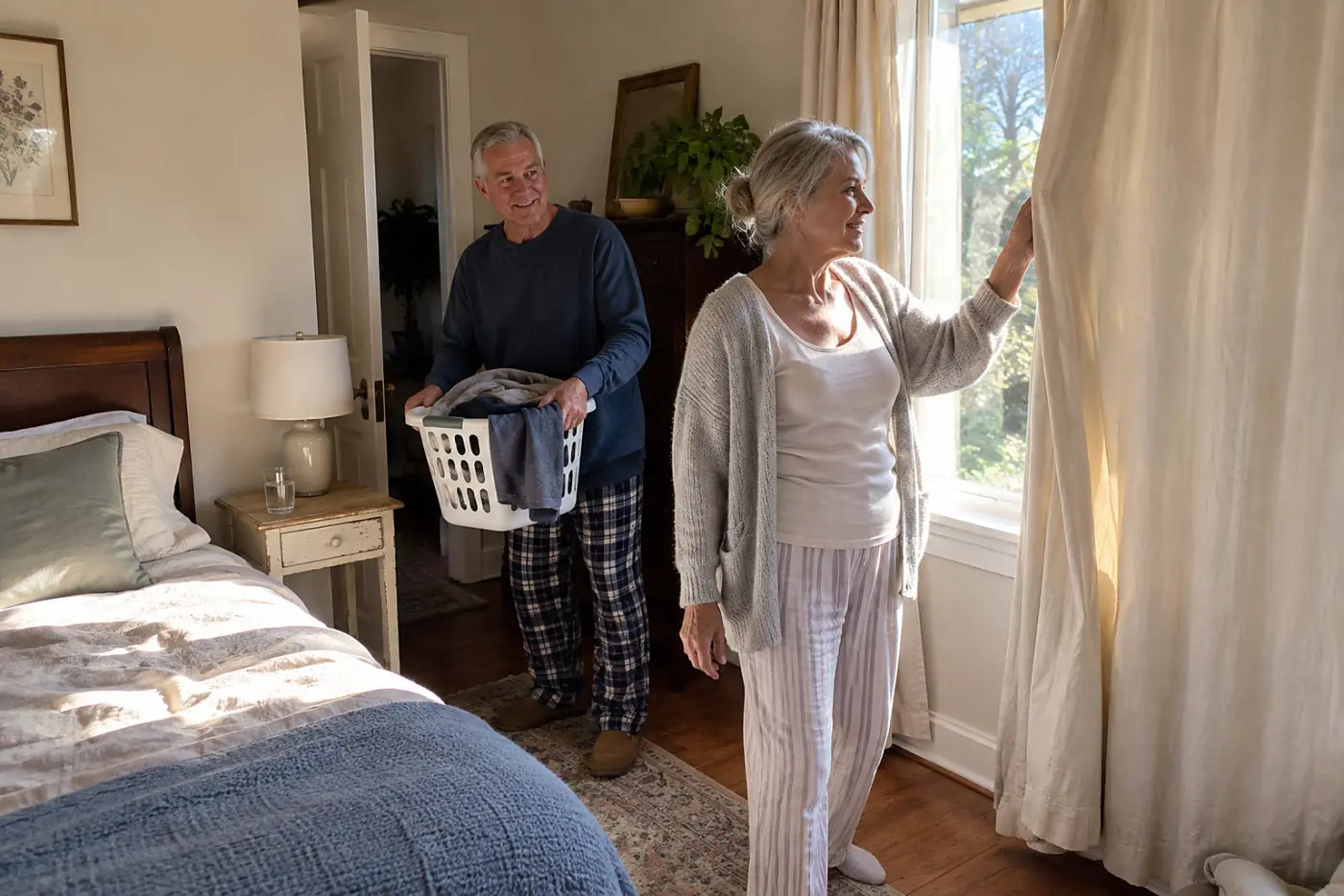 Older woman opening her bedroom curtains in the morning.