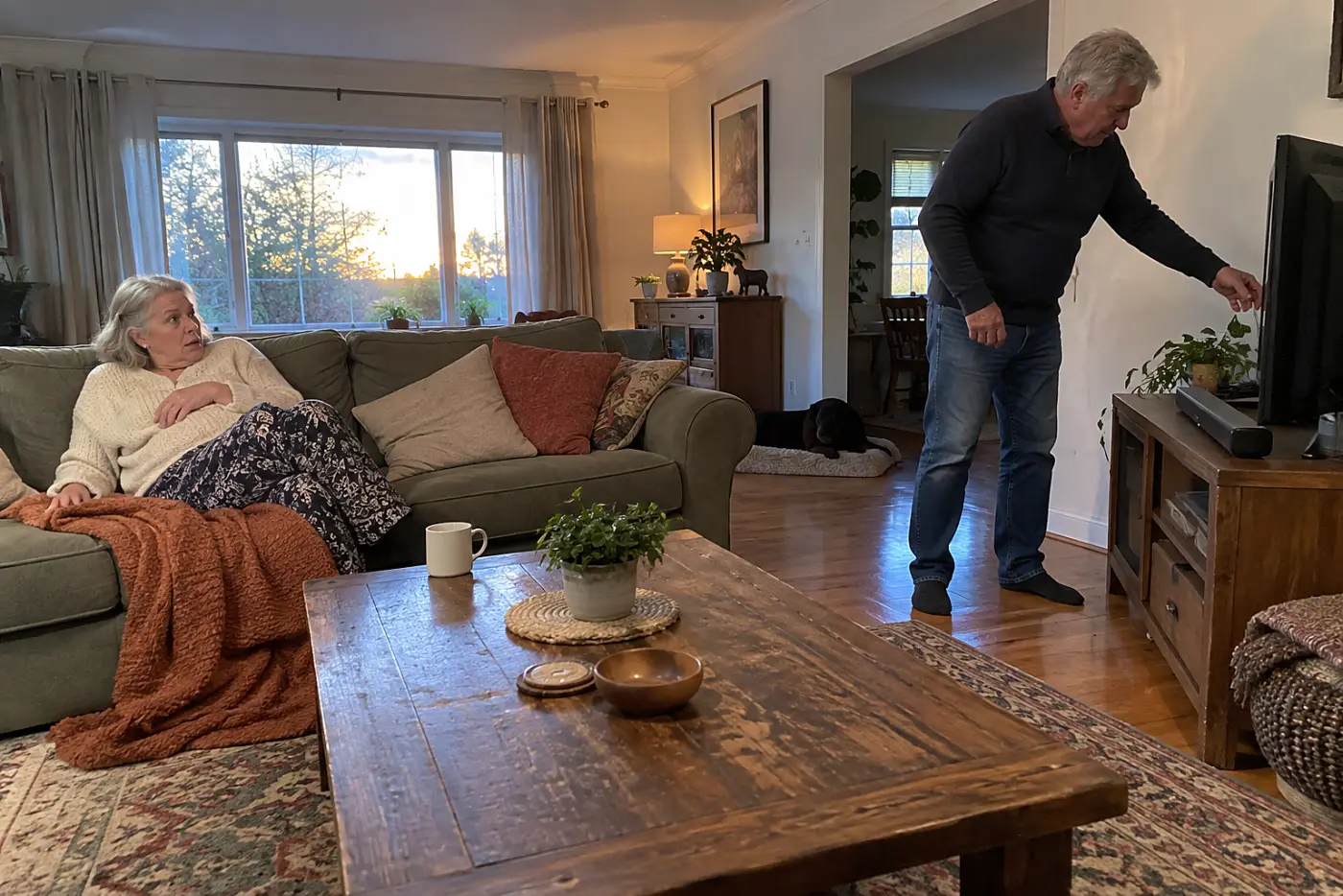 Older woman waking on her living room sofa as the television plays in the evening.