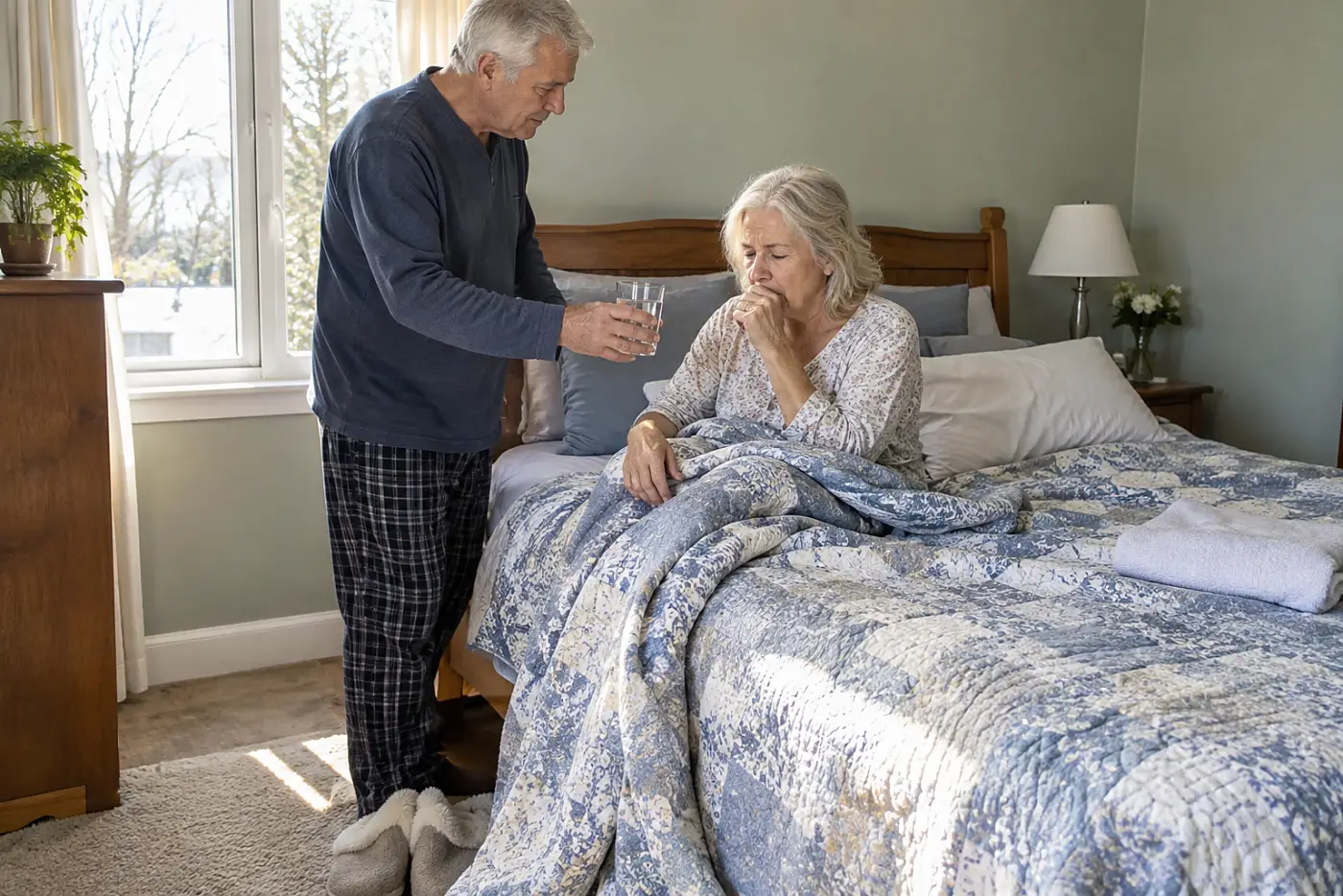 Older woman sitting upright on her bed with a glass of water after coughing.