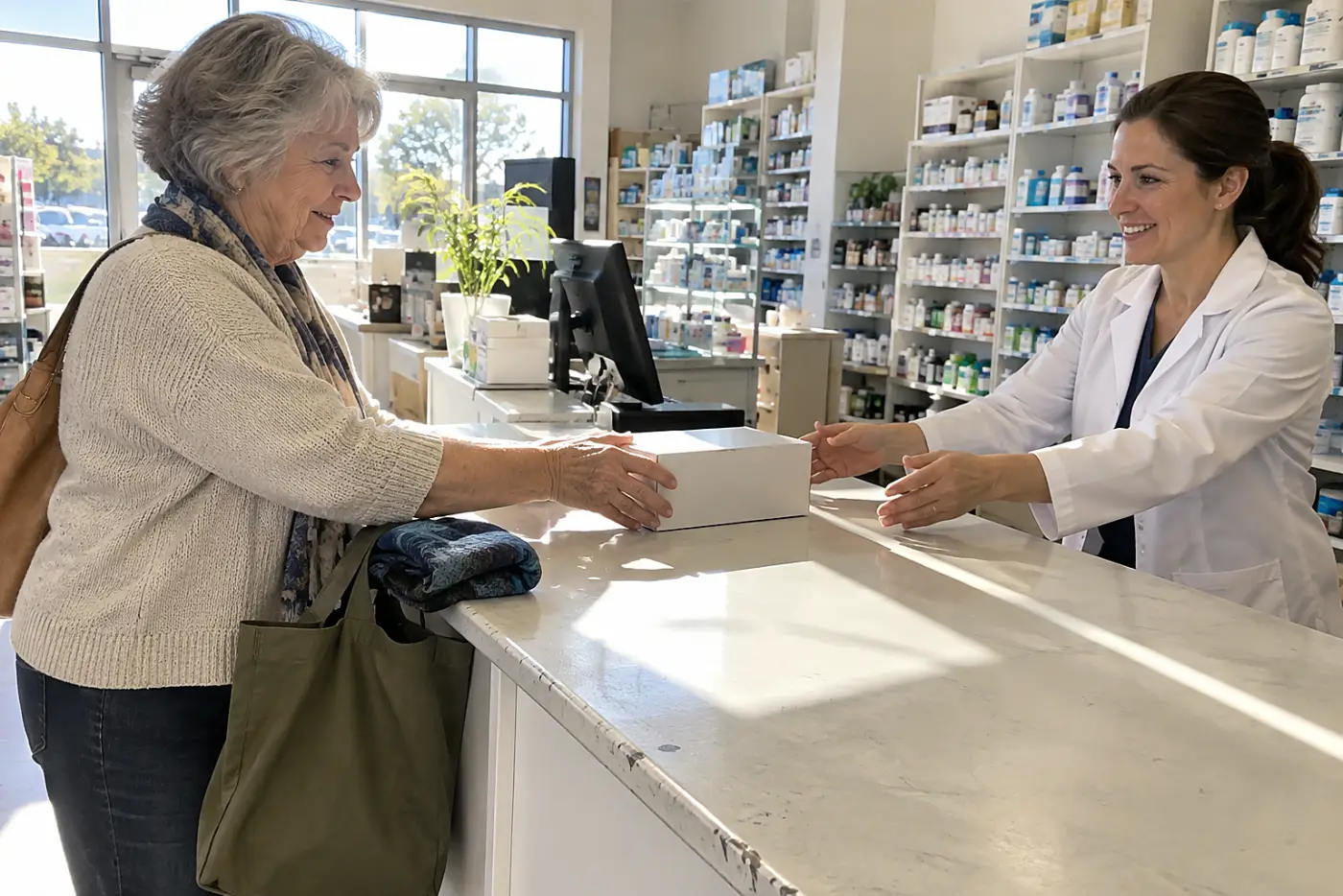 Older woman showing a sleep-aid box to a pharmacist at a pharmacy counter.