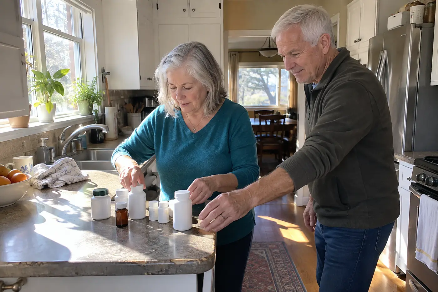 Older woman arranging prescription bottles and supplement containers on her kitchen counter.