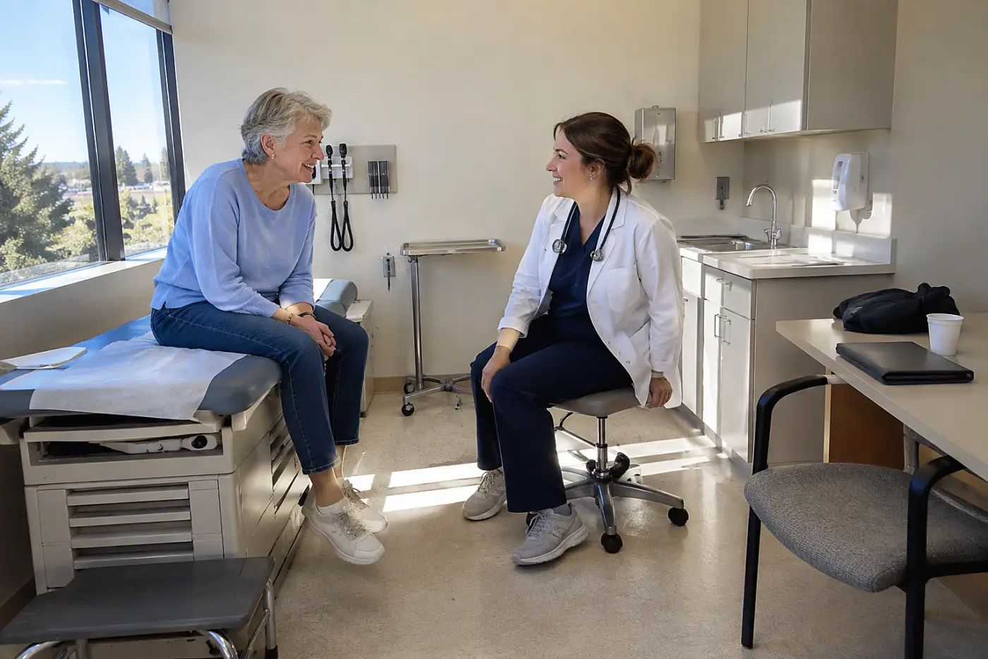 Older woman speaking with a clinician in an exam room.