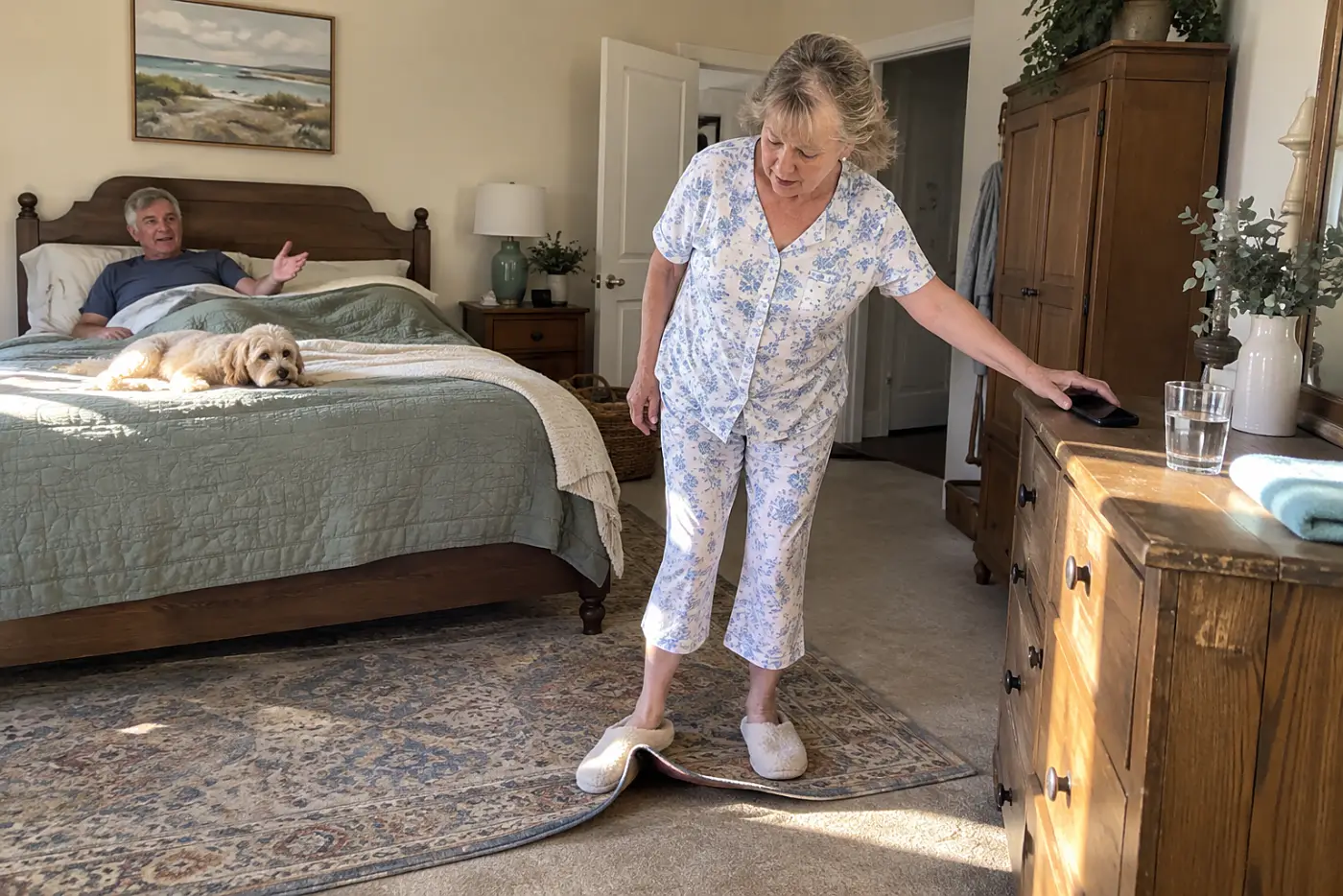 Older woman placing her phone on a dresser across the bedroom.