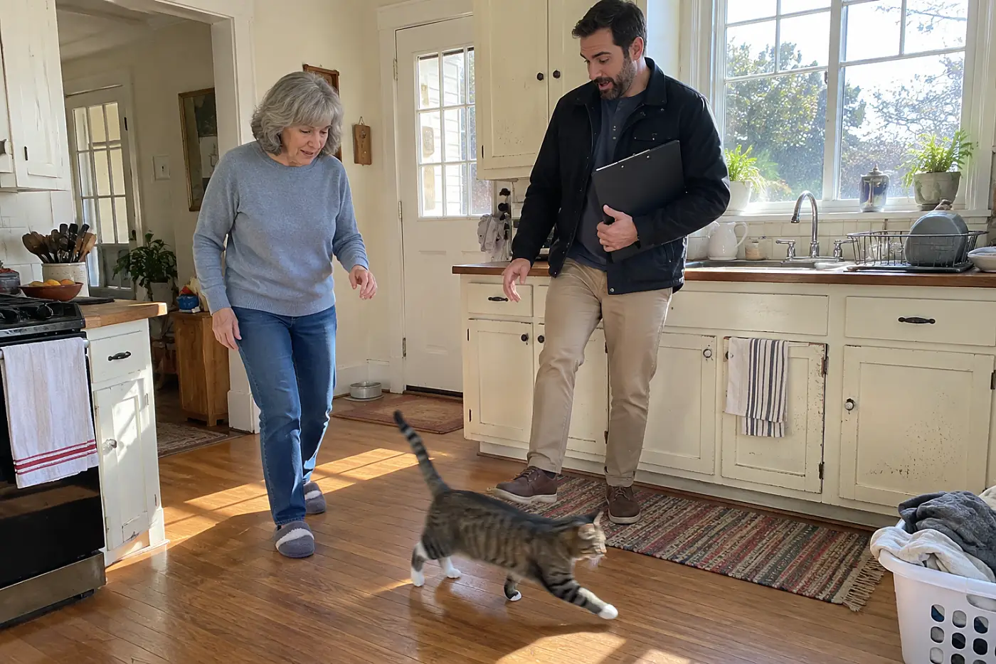 Older woman walking through her kitchen with a home assessor holding a clipboard.