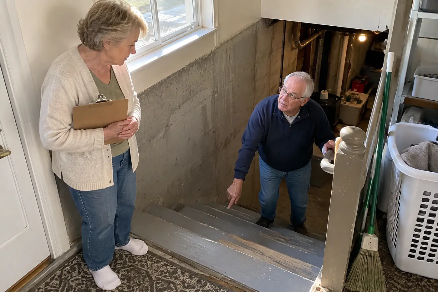 Older woman listing items on a clipboard at the top of her basement stairs.