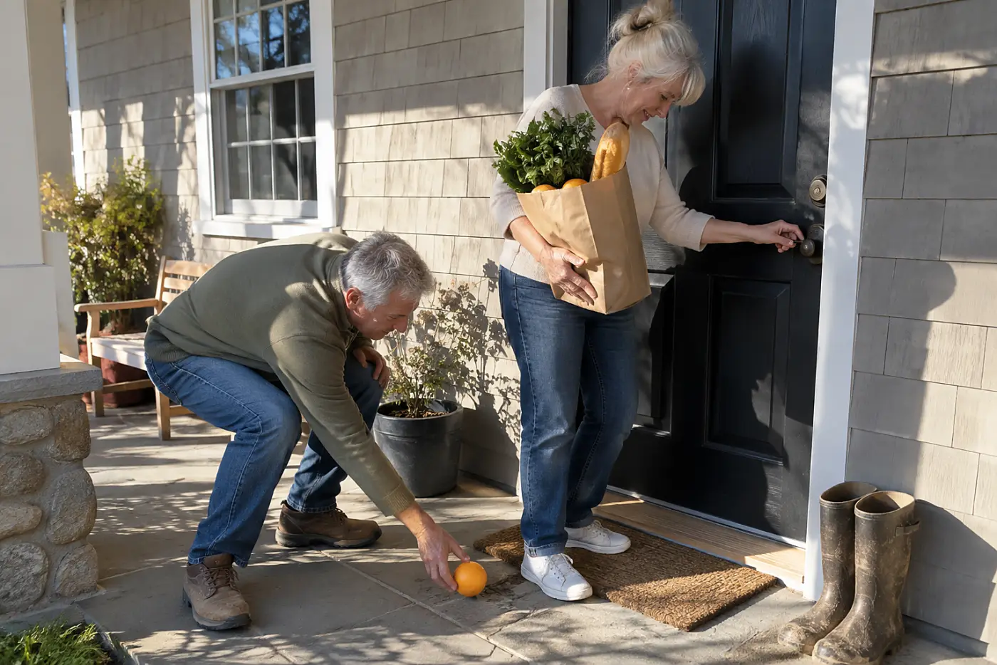 Older woman unlocking her front door while holding a grocery bag.