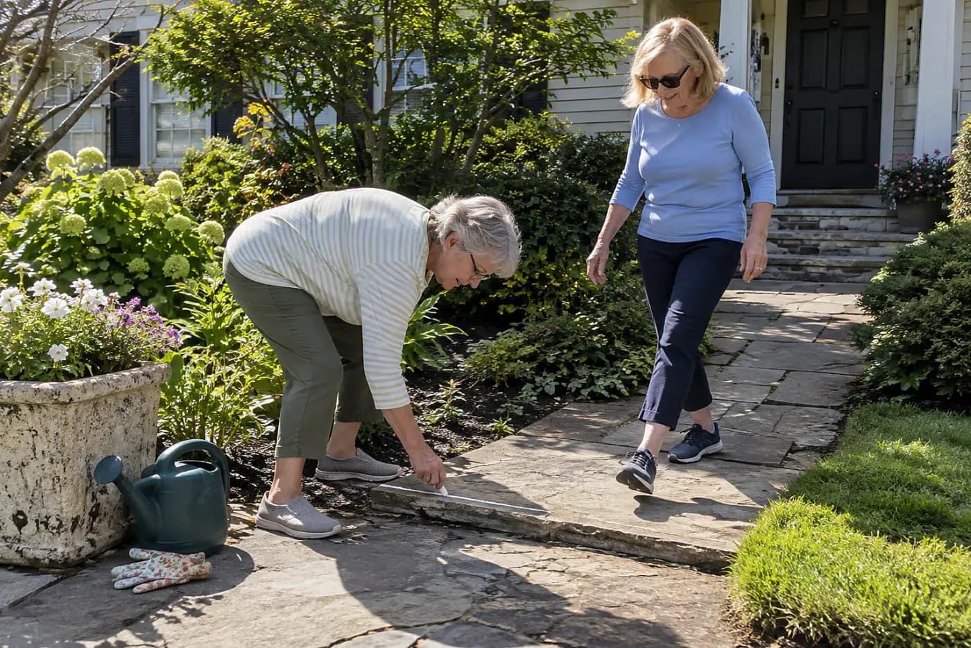 Older woman marking a raised paving edge on her front walk.