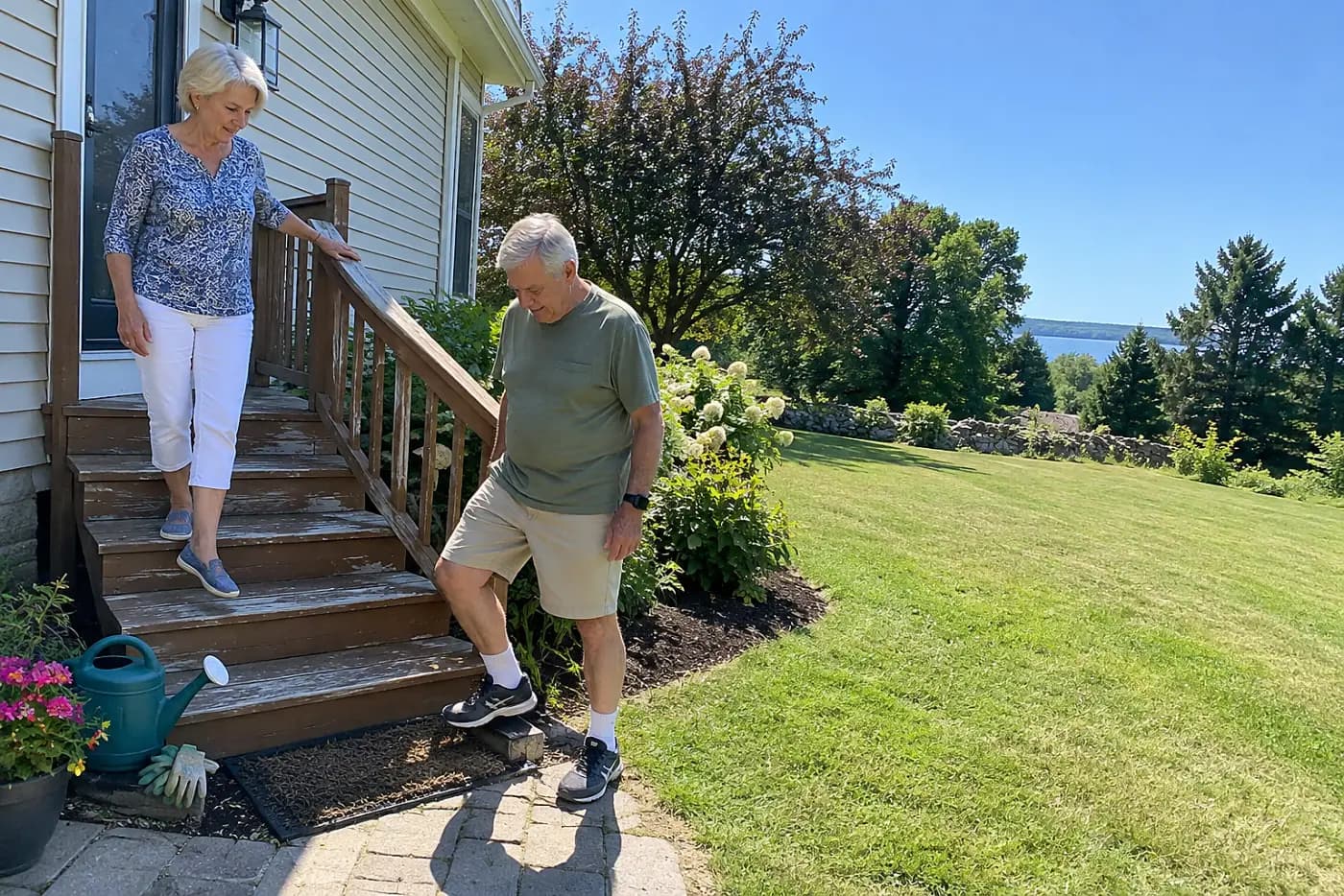 Older woman pressing an outdoor stair rail with one hand.