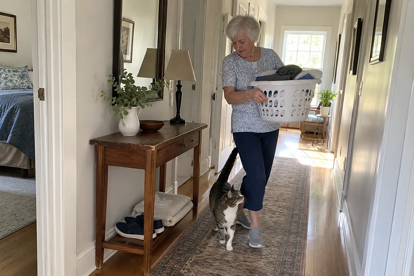 Older woman carrying a laundry basket past a hallway table.