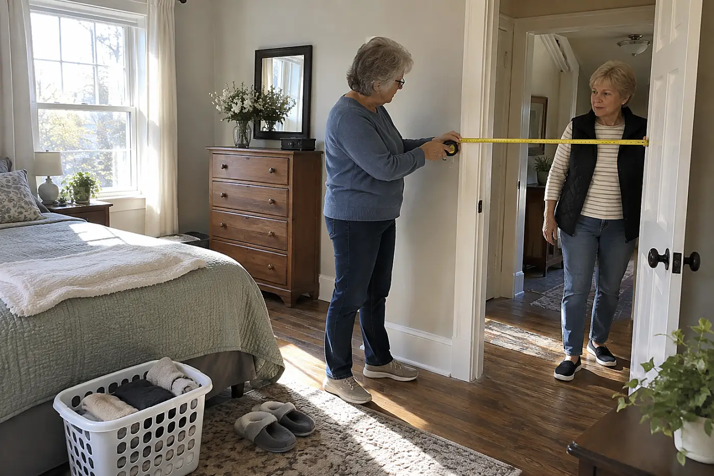 Older woman measuring the clear opening of a bedroom doorway.