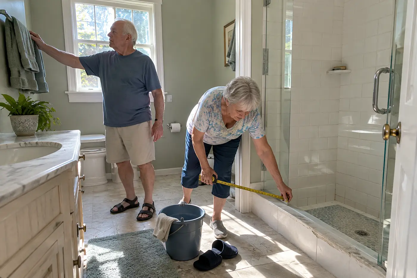 Older woman measuring the lip of her shower with a tape measure.