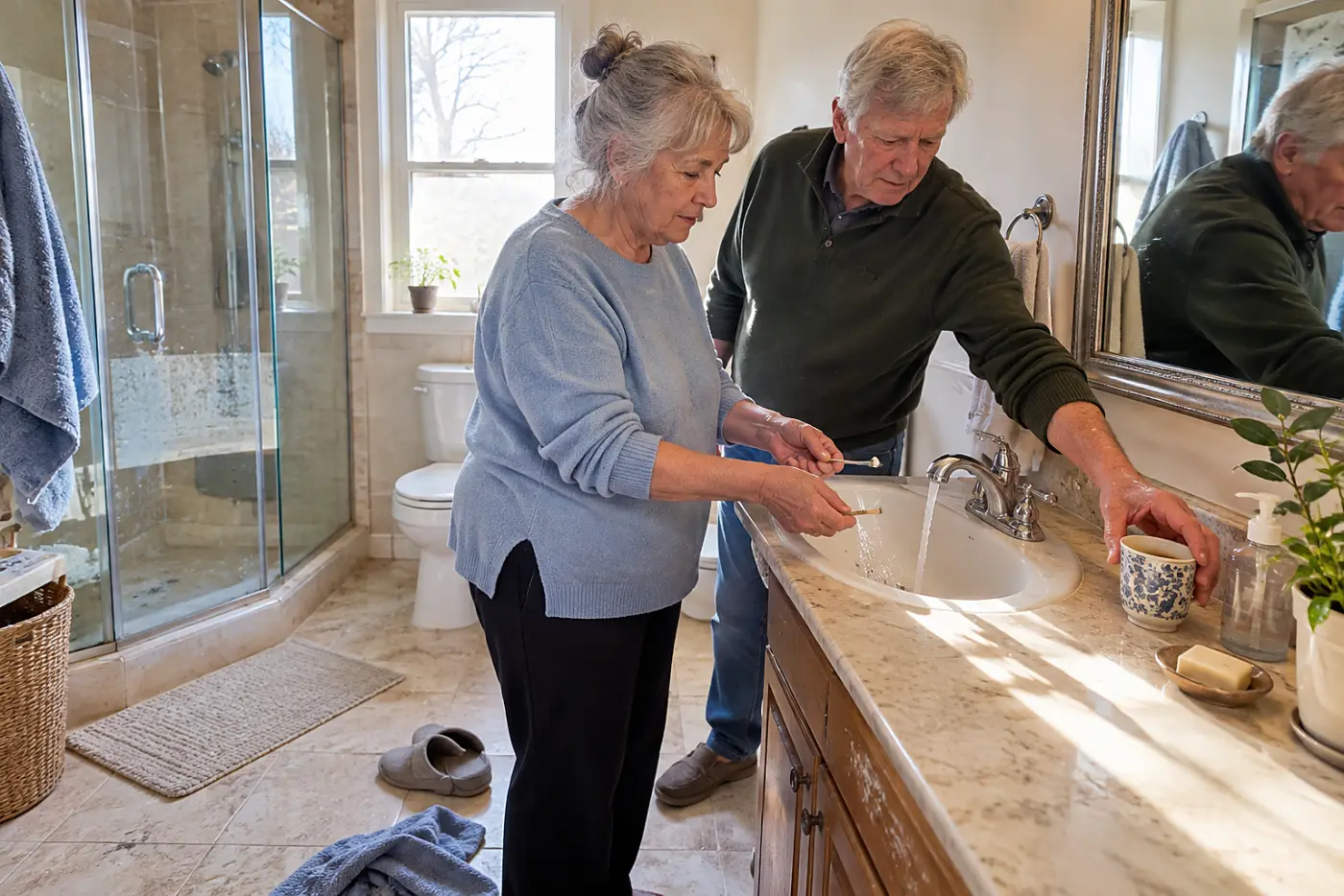 Older woman holding a thermometer under the running bathroom tap.