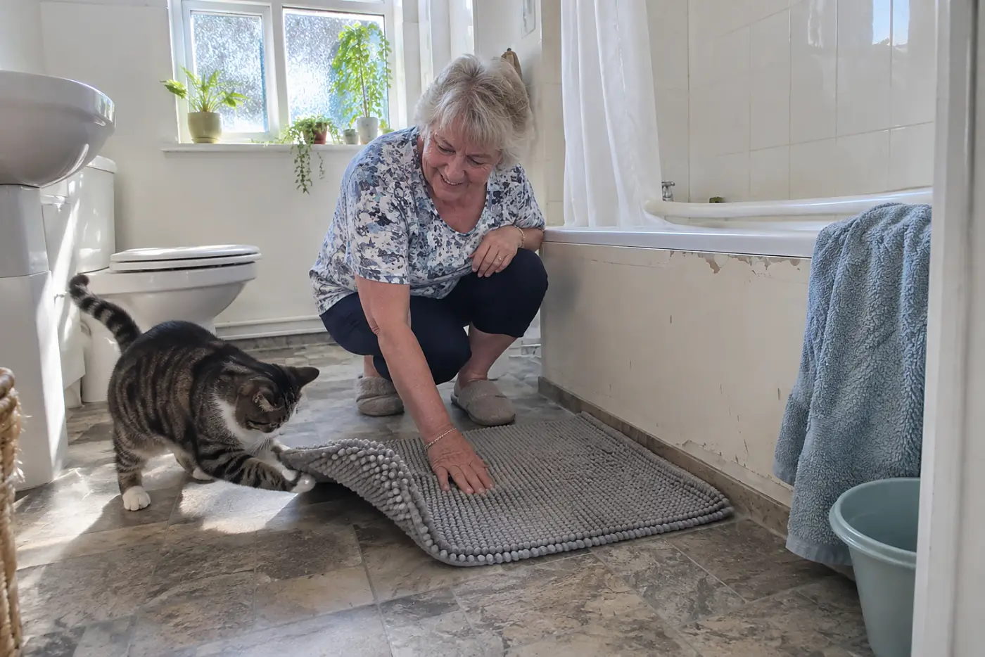 Older woman testing a shower mat with her hand in her bathroom.