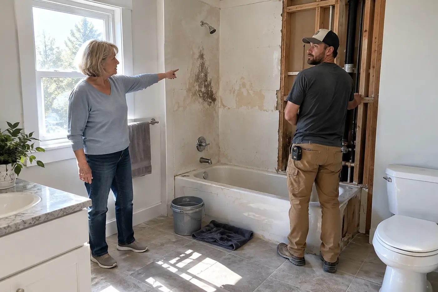 Older woman pointing to a shower wall while an installer checks the framing.