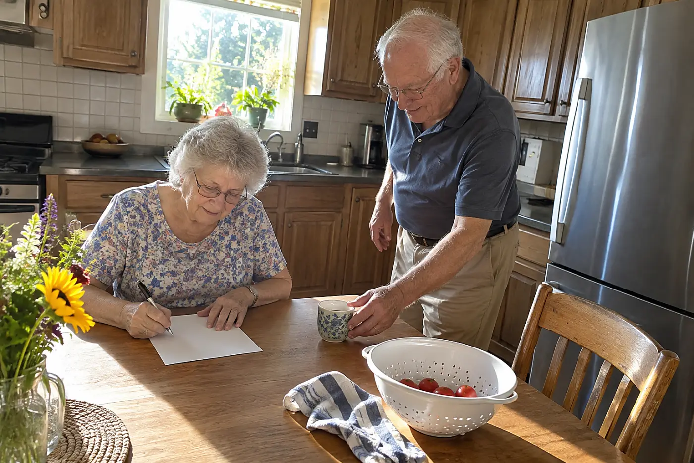 Older woman writing contractor numbers on a sheet at her kitchen table.