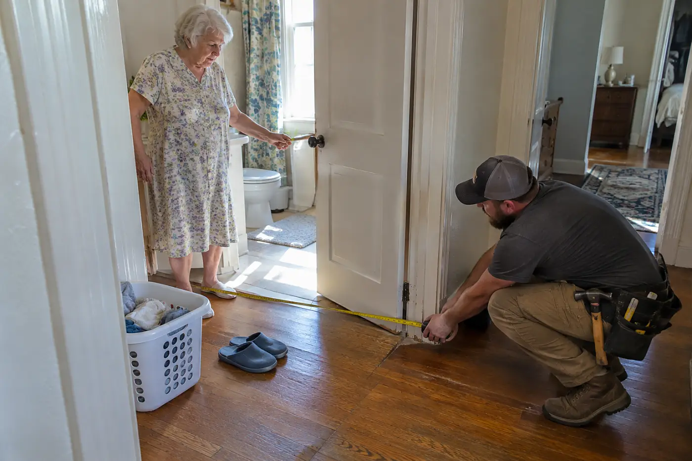 Older woman opening her bathroom door while a carpenter measures the entrance.