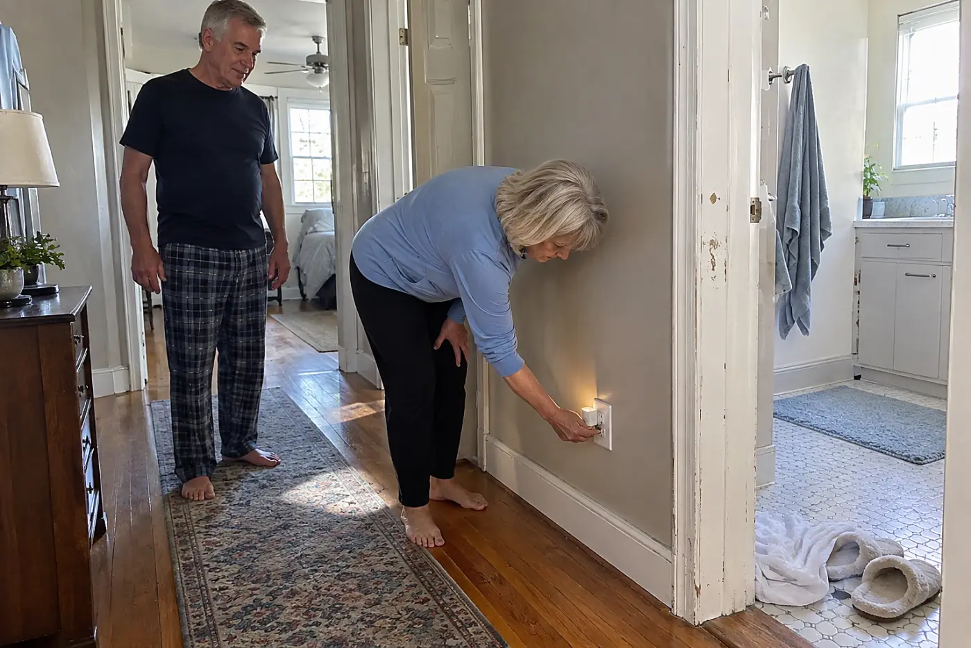Older woman plugging a night-light into a hallway outlet outside her bathroom.