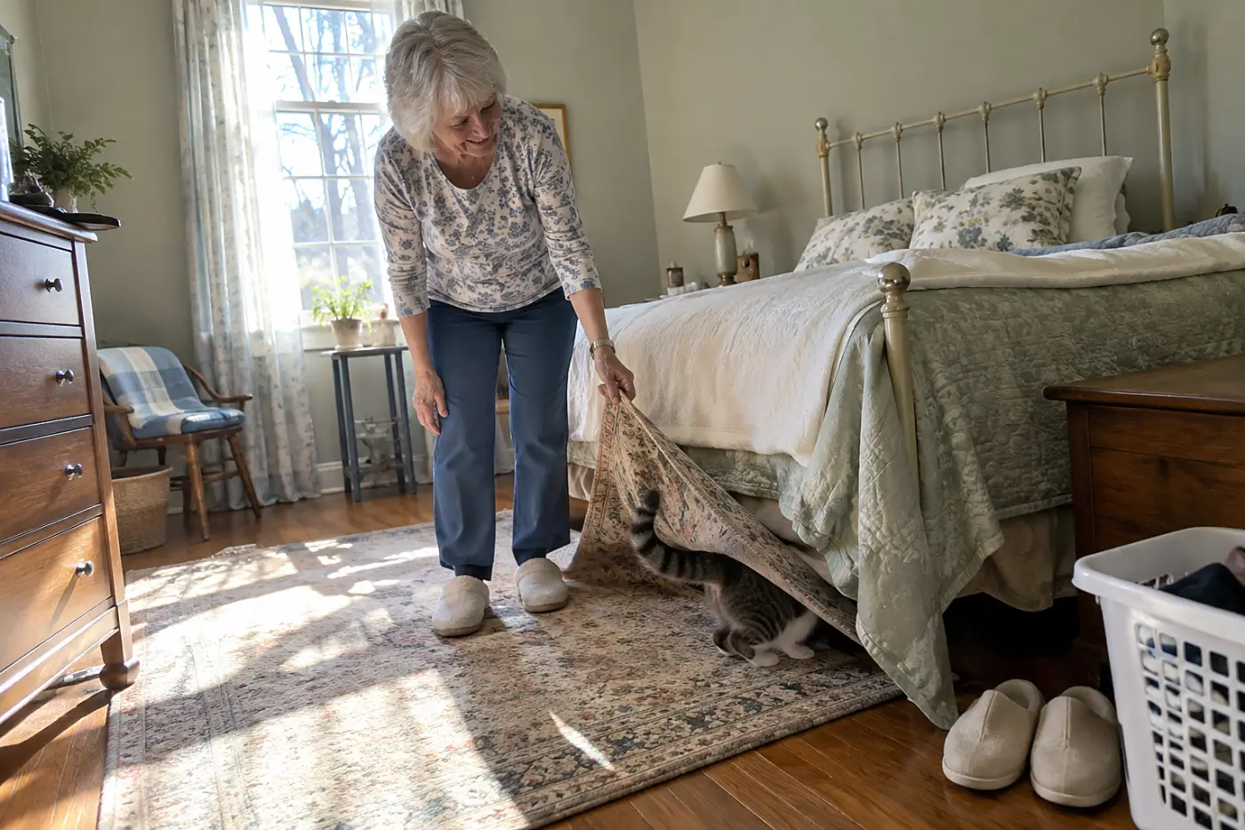 Older woman lifting a small rug from the floor beside her bed.