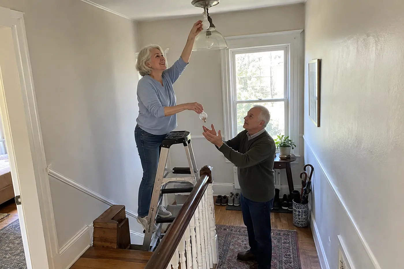 Older woman replacing a stairwell bulb from a stable ladder in her hallway.
