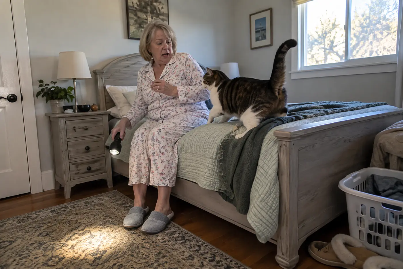 Older woman turning on a flashlight beside her bed.