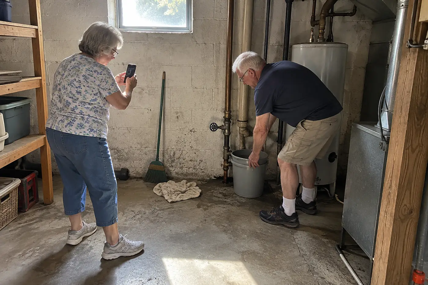 Older woman photographing the main water shutoff in her basement.