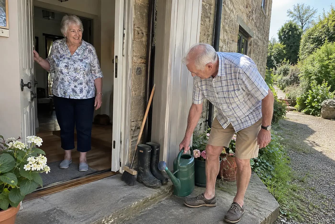 Older woman opening a side door while checking her exit route.