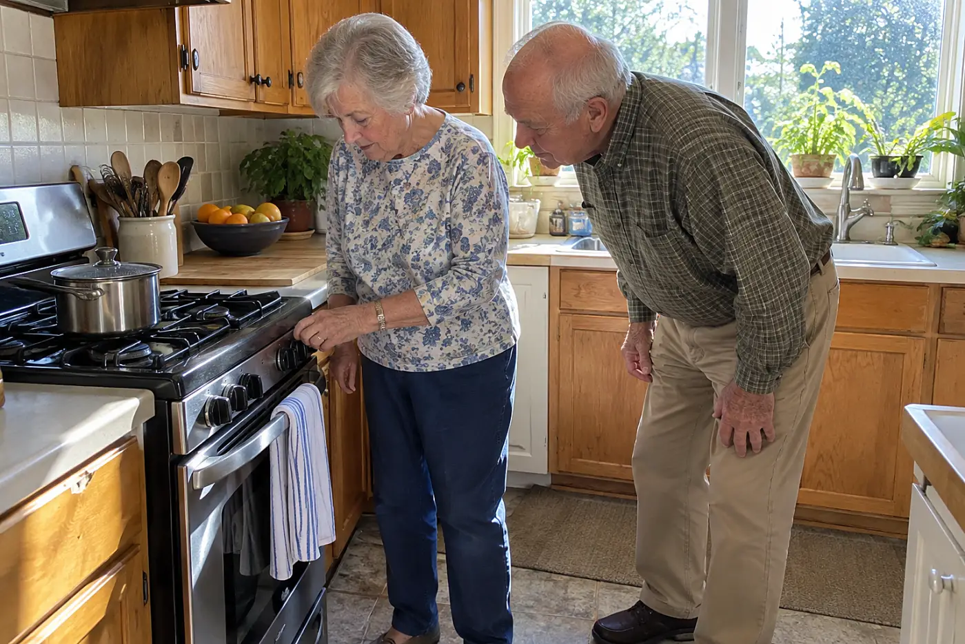 Older woman testing an unlit stove knob in her kitchen.