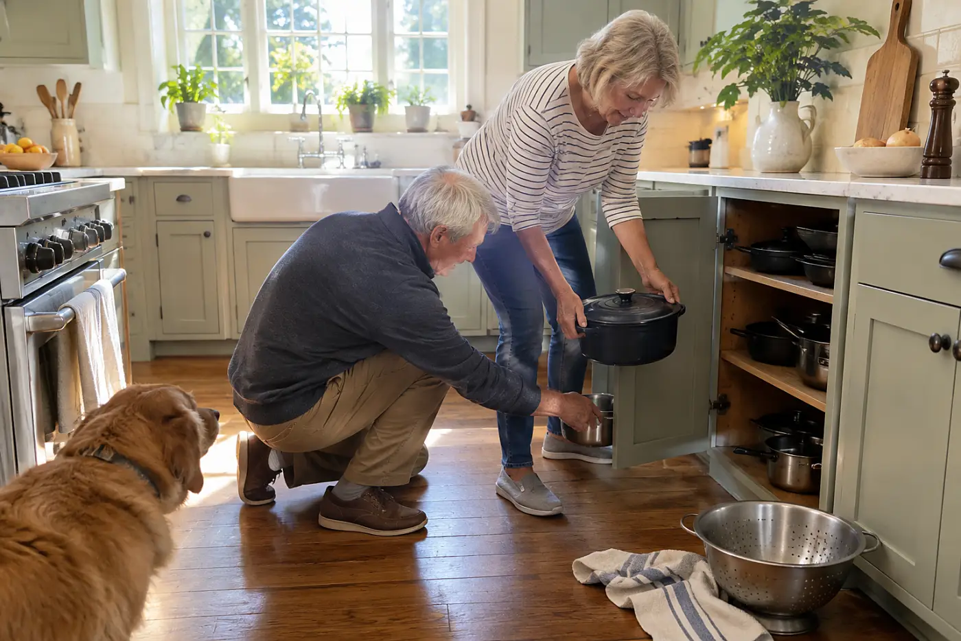 Older woman moving a heavy pan to a lower kitchen shelf.