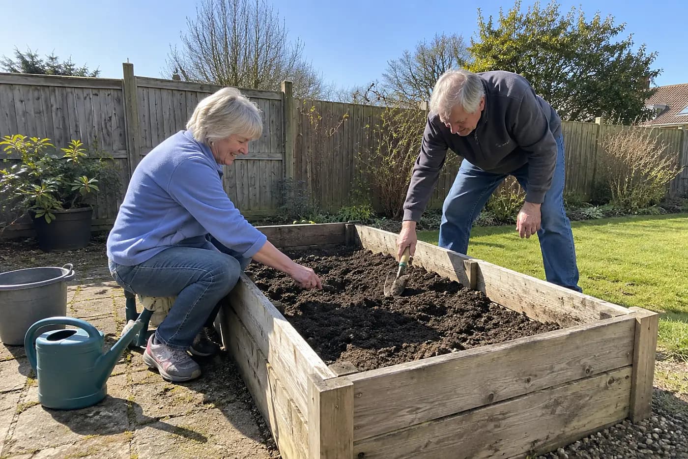 Older woman seated beside an unplanted raised bed, reaching toward its center.