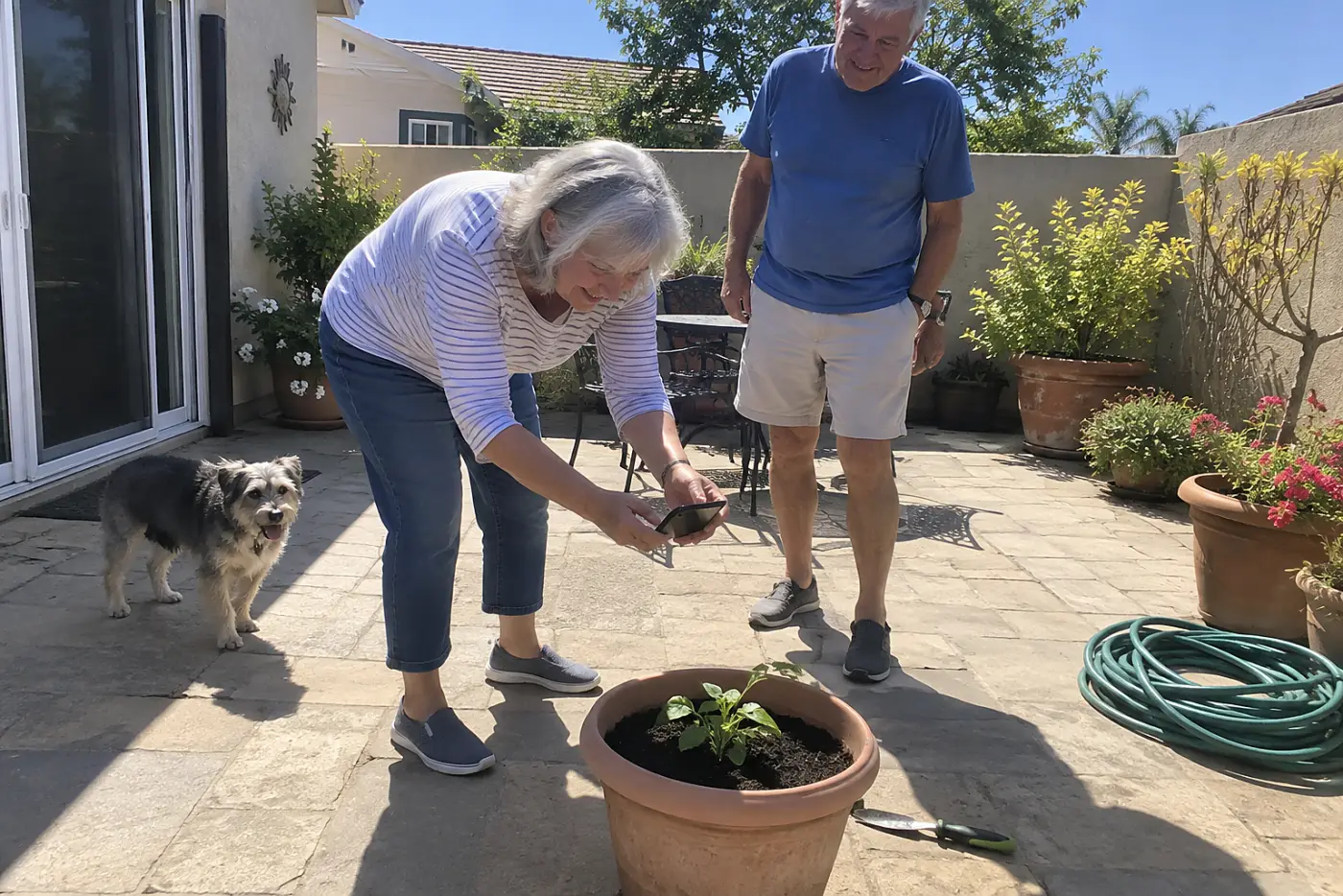 Older woman photographing a small volunteer seedling in a patio pot.