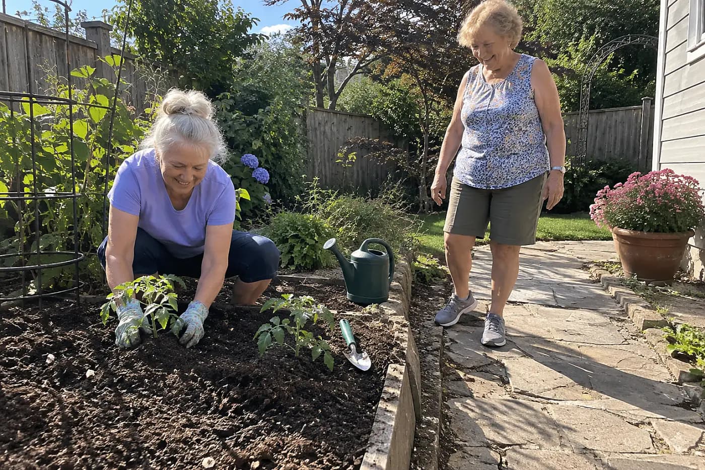 Older woman spacing two young plants in a raised bed beside a path.