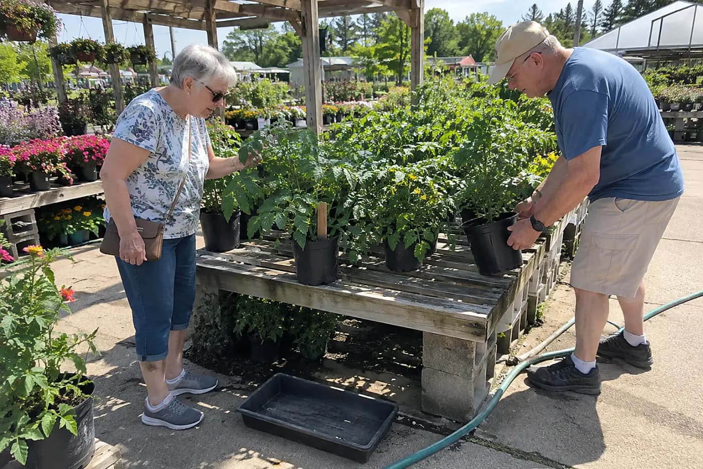 Older woman reading a tomato plant tag at a garden center.