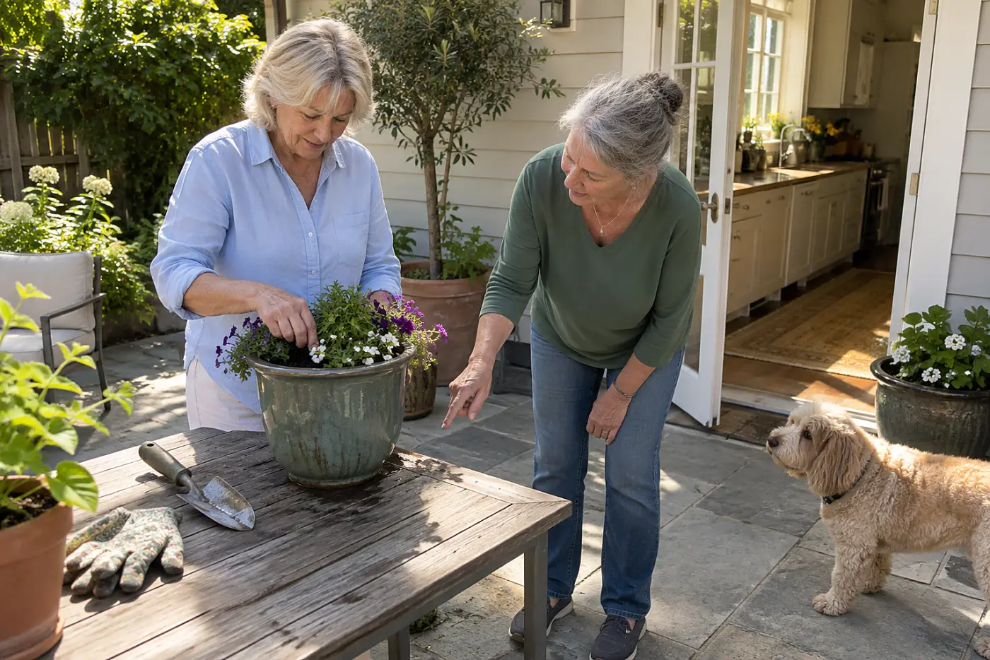 Older woman pressing a finger into potting mix on a patio table.