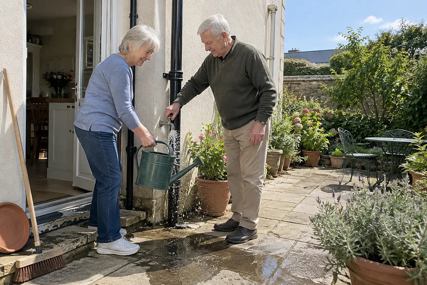 Older woman filling a watering can at an outdoor faucet beside her kitchen door.