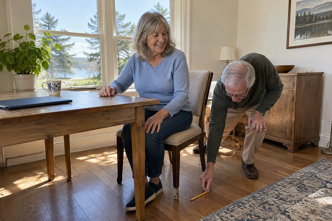 Older woman straightening her knee while seated at her desk.