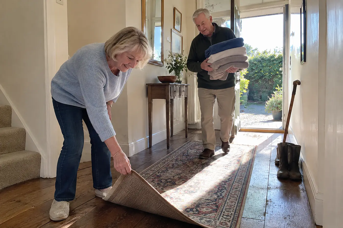 Older woman lifting a curled rug from her hallway floor.