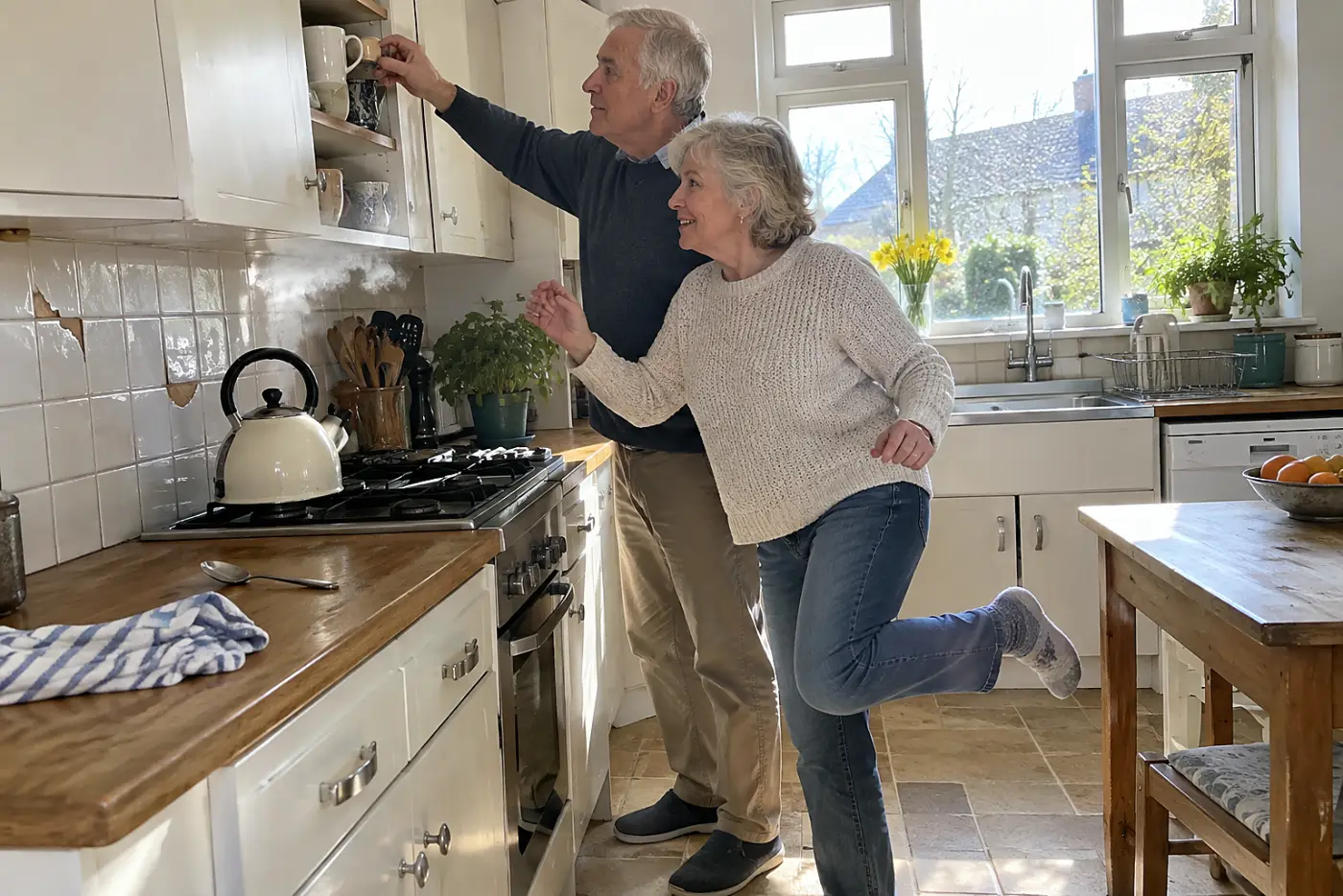 Older woman standing on one leg beside the counter while a kettle heats.