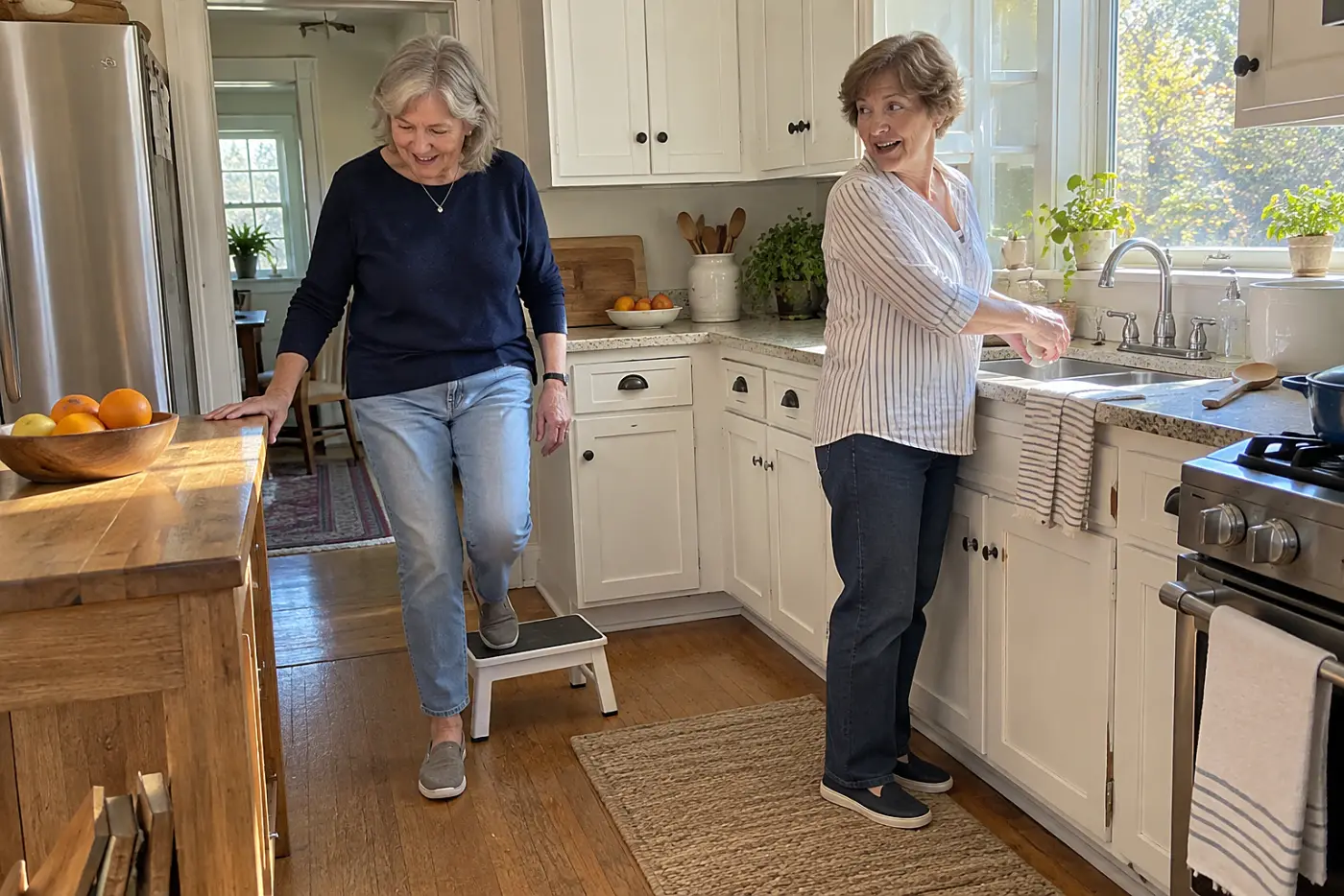Older woman practicing a low step-down beside her kitchen counter.