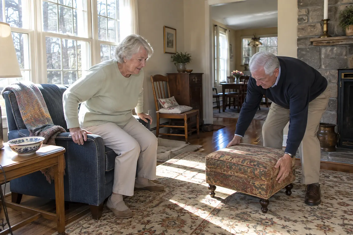 Older woman rising from a sturdy chair in her living room.