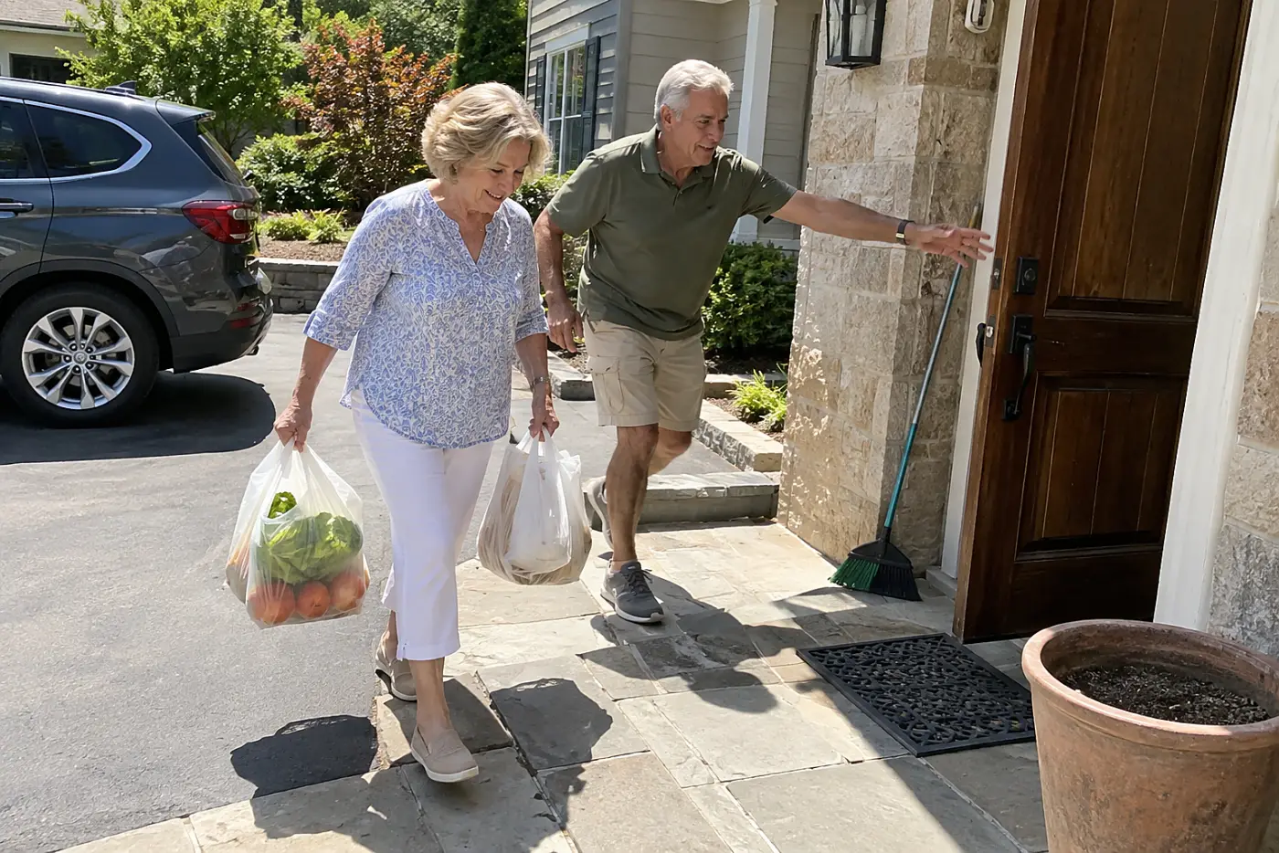 Older woman carrying two light grocery bags from her car to her front door.