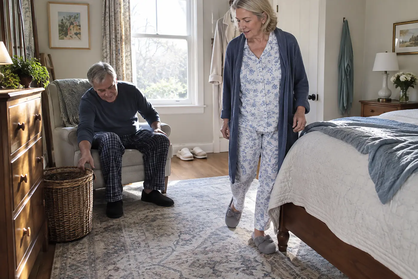 Older woman pausing beside her bed as she takes her first morning steps.