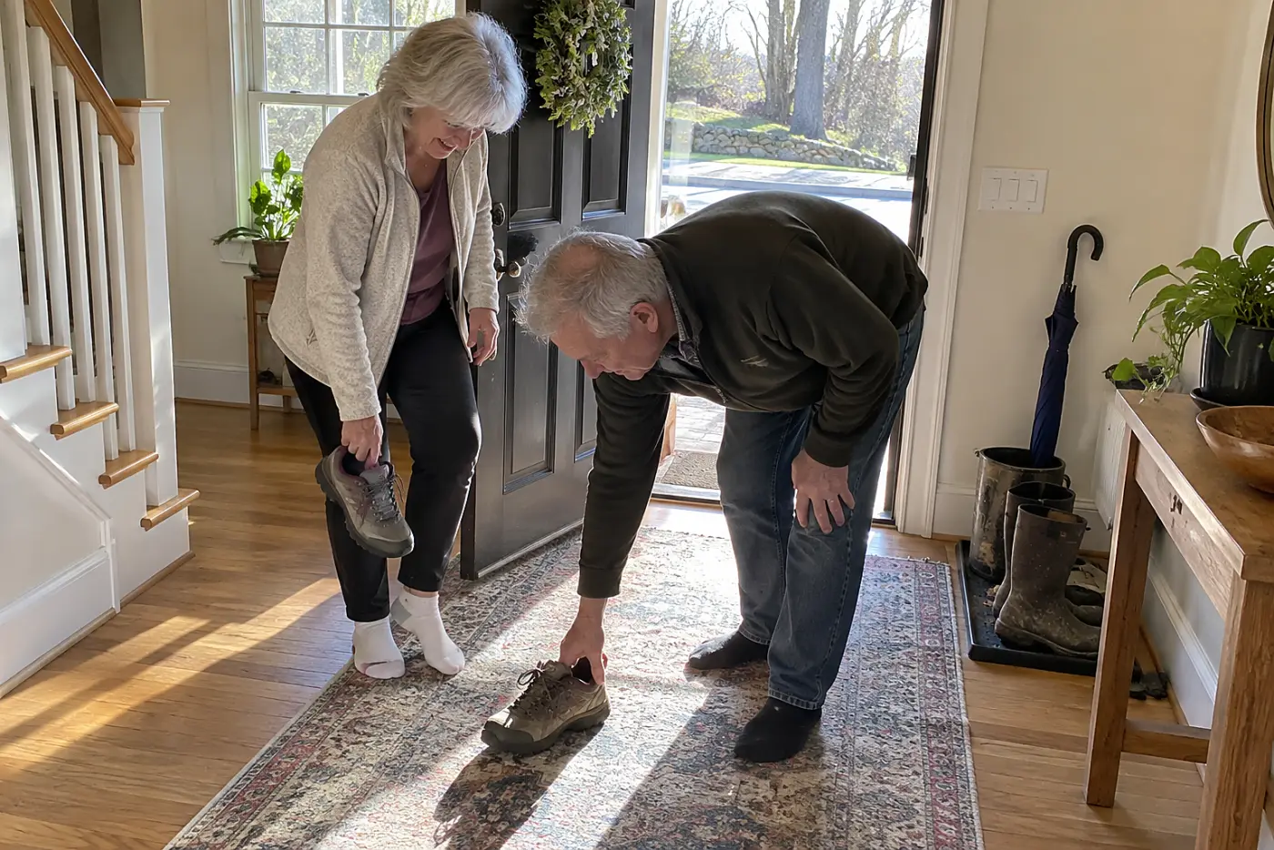 Older woman placing her walking shoes beside the front door of her home.