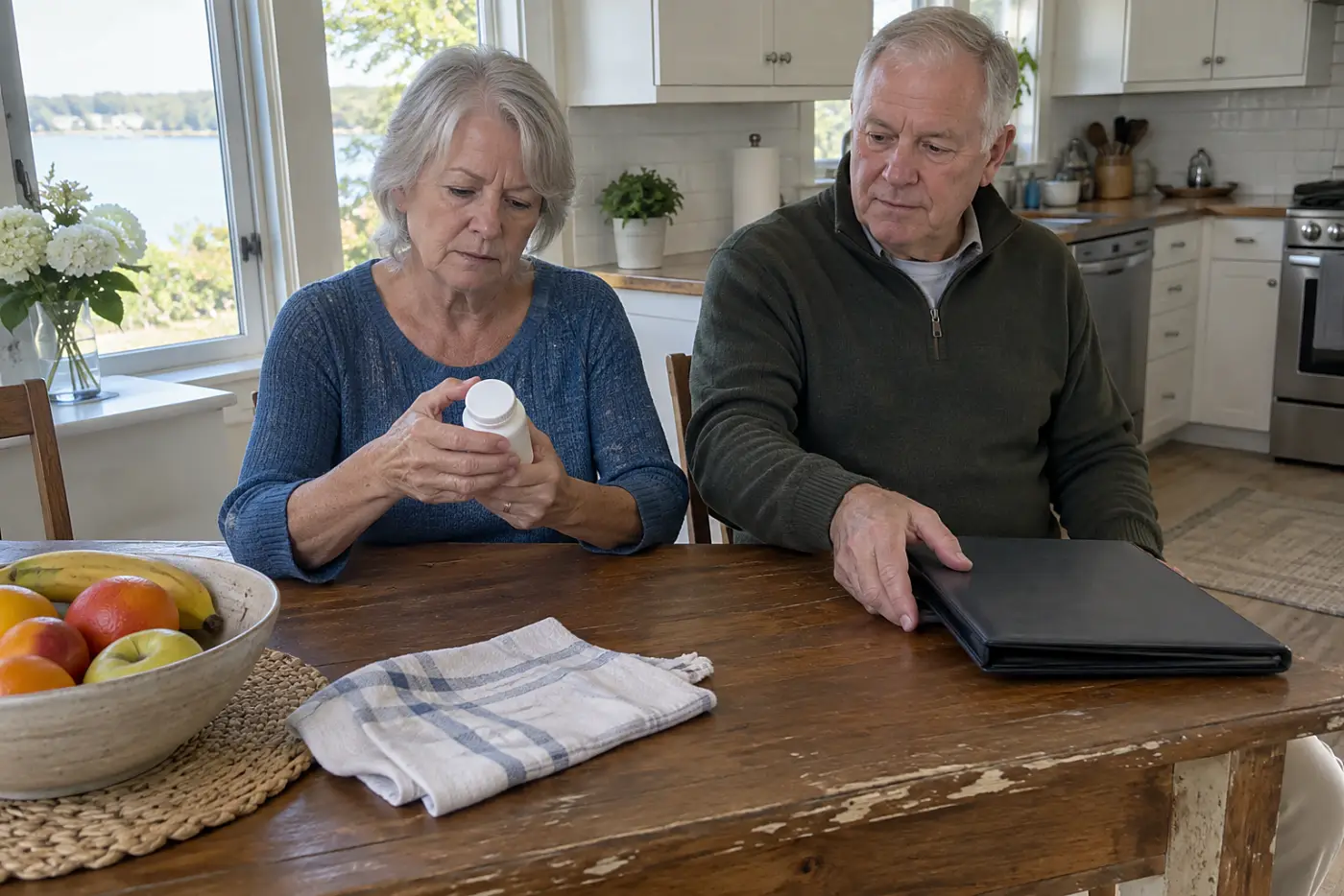 Older woman reading a pain reliever label at her kitchen table.